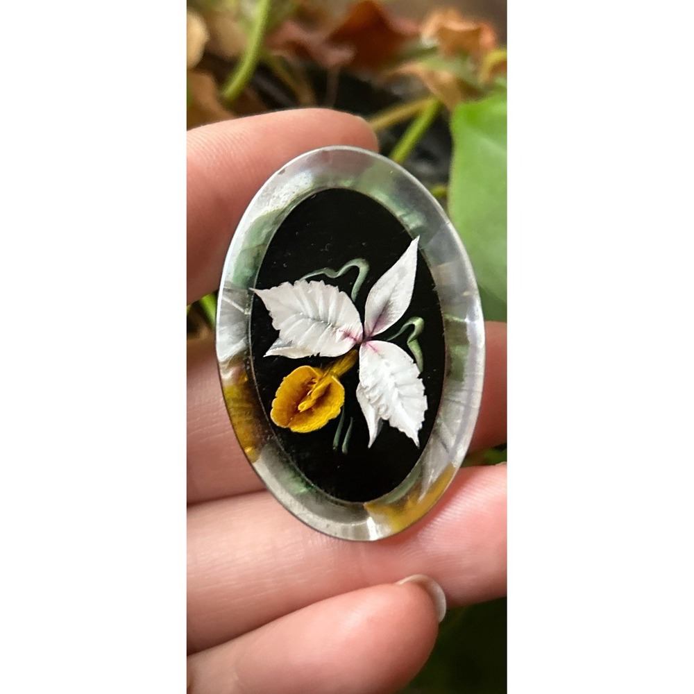 Vintage Oval Lucite Pin Brooch With Reverse Carved Painted Yellow flower